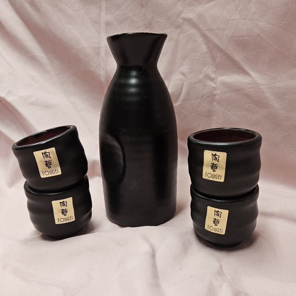 Vintage Iron Glaze Ceramic Black Tougei Sake and Shot Glass Set